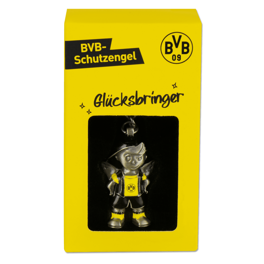 Porte-clés du BVB « porte-bonheur » en forme d'ange gardien avec le logo du BVB, présenté dans un emballage jaune portant une inscription.
