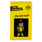 Llavero del BVB «amuleto de la suerte» con forma de ángel de la guarda y el logotipo del BVB, presentado en un estuche amarillo con inscripción.
