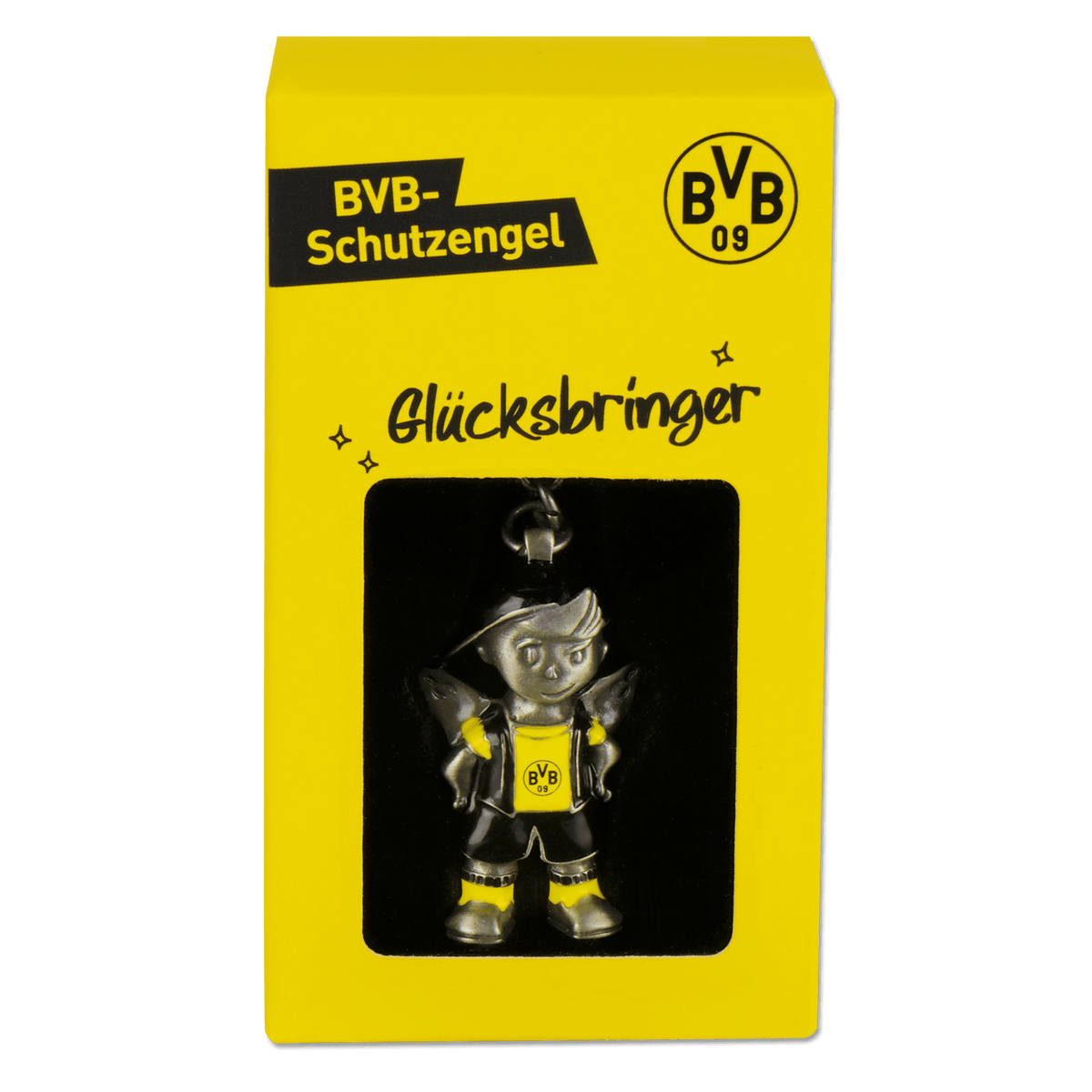 Llavero del BVB «amuleto de la suerte» con forma de ángel de la guarda y el logotipo del BVB, presentado en un estuche amarillo con inscripción.