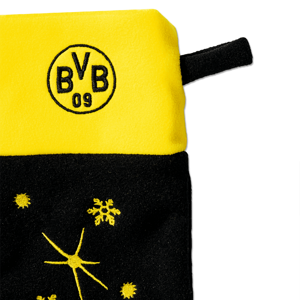 Stivale natalizio nero e giallo del Borussia Dortmund con il logo BVB e un motivo natalizio, perfetto per i tifosi e come decorazione.