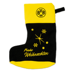 BVB Christmas stocking in black-and-yellow design featuring the BVB logo, "Merry Christmas" lettering, and snowflake embellishments—perfect as a fan item or Christmas decoration.