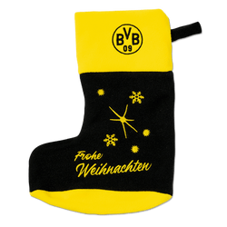 Chaussette de Noël du BVB aux couleurs noir et jaune, ornée du logo du BVB, de l'inscription « Joyeux Noël » et de motifs de flocons de neige, idéale comme article pour les supporters ou comme décoration de Noël.