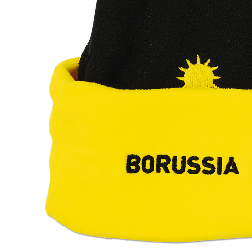 Schwarzgelbe BVB-Weihnachtsmütze mit gesticktem Borussia-Schriftzug und dekorativem Sonnendesign, ideal für Fans.