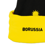 Schwarzgelbe BVB-Weihnachtsmütze mit gesticktem Borussia-Schriftzug und dekorativem Sonnendesign, ideal für Fans.