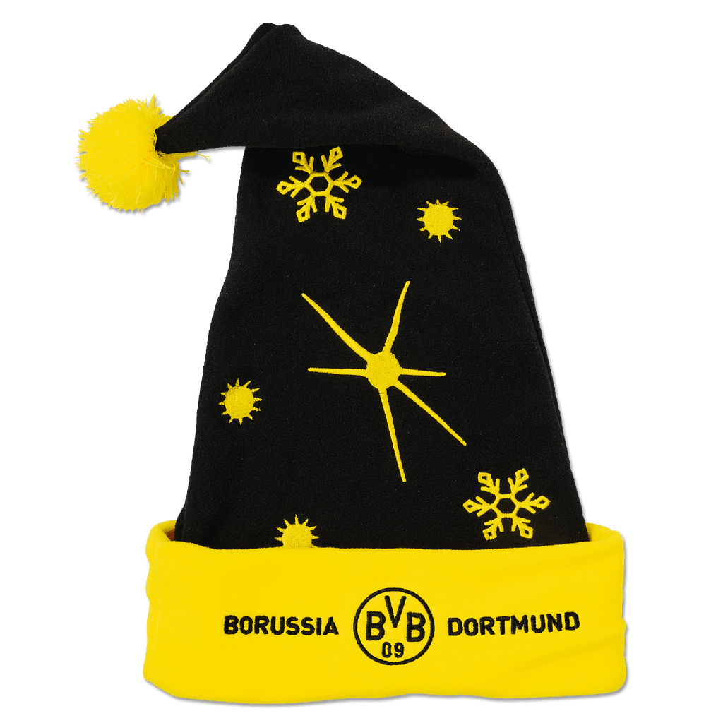 Schwarze Borussia Dortmund Weihnachtsmütze mit gelben Schneeflocken und Sonnenmotiv, gelber Bommel und BVB-Emblem auf dem Umschlag.