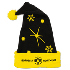 Schwarze Borussia Dortmund Weihnachtsmütze mit gelben Schneeflocken und Sonnenmotiv, gelber Bommel und BVB-Emblem auf dem Umschlag.
