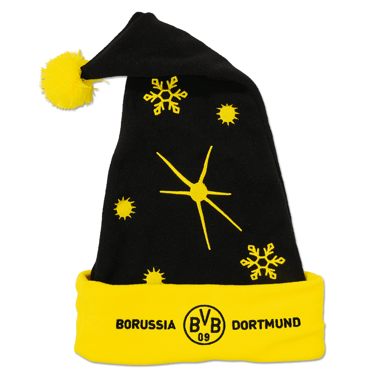Schwarze Borussia Dortmund Weihnachtsmütze mit gelben Schneeflocken und Sonnenmotiv, gelber Bommel und BVB-Emblem auf dem Umschlag.