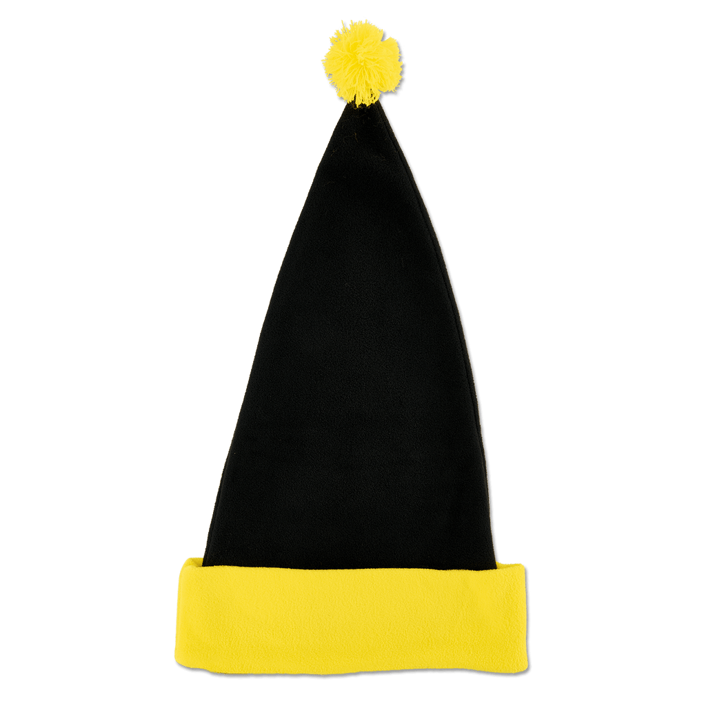 Schwarzgelbe Weihnachtsmütze von Borussia Dortmund mit gelbem Bommel und umgeschlagenem gelben Rand, Vorderansicht.