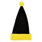 Schwarzgelbe Weihnachtsmütze von Borussia Dortmund mit gelbem Bommel und umgeschlagenem gelben Rand, Vorderansicht.