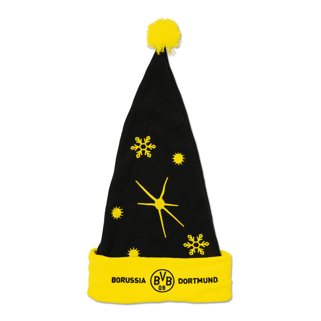 Schwarzgelbe Weihnachtsmütze von Borussia Dortmund mit gelbem Bommel, Schneeflocken-Muster und BVB-Logo auf dem umgeschlagenen gelben Rand.