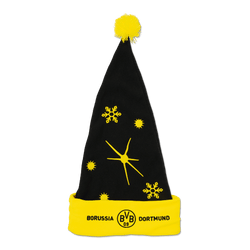 Schwarzgelbe Weihnachtsmütze von Borussia Dortmund mit gelbem Bommel, Schneeflocken-Muster und BVB-Logo auf dem umgeschlagenen gelben Rand.