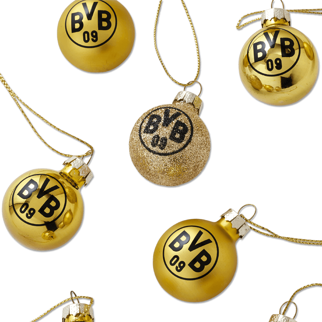 Goldfarbenes BVB-Weihnachtskugeln-Set mit schwarzem BVB 09-Logo, bestehend aus 9 Kugeln für festliche Dekoration.