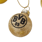Borussia Dortmund Mini-Weihnachtskugel in Gold, dekoriert mit schwarzem BVB-Logo und glitzernder Oberfläche, ideales Fan-Merchandise für die Weihnachtszeit.