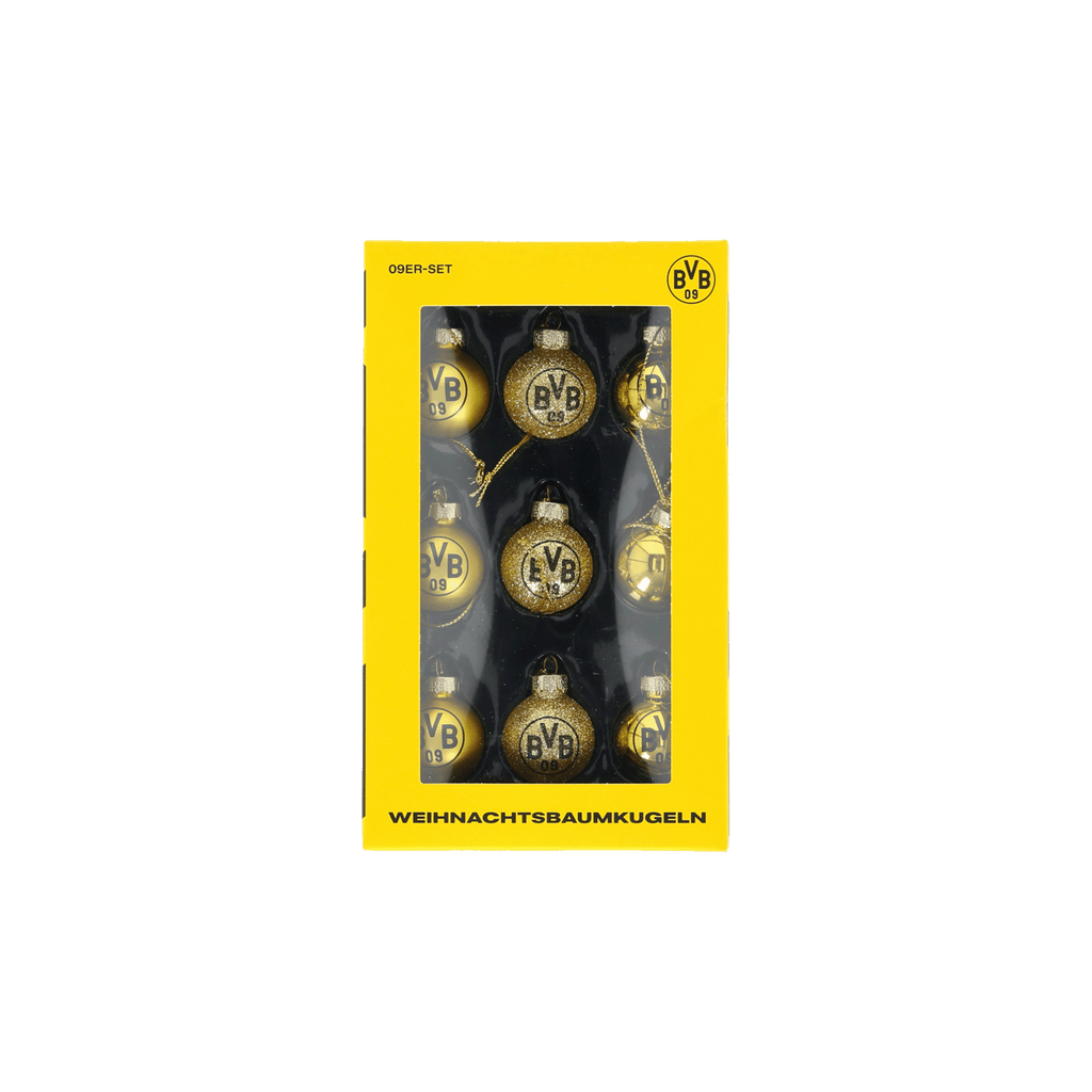 Set aus neun schwarzgelben BVB-Christbaumkugeln mit BVB-Logo, ideal als Weihnachtsdekoration oder Geschenk für Borussia Dortmund Fans.