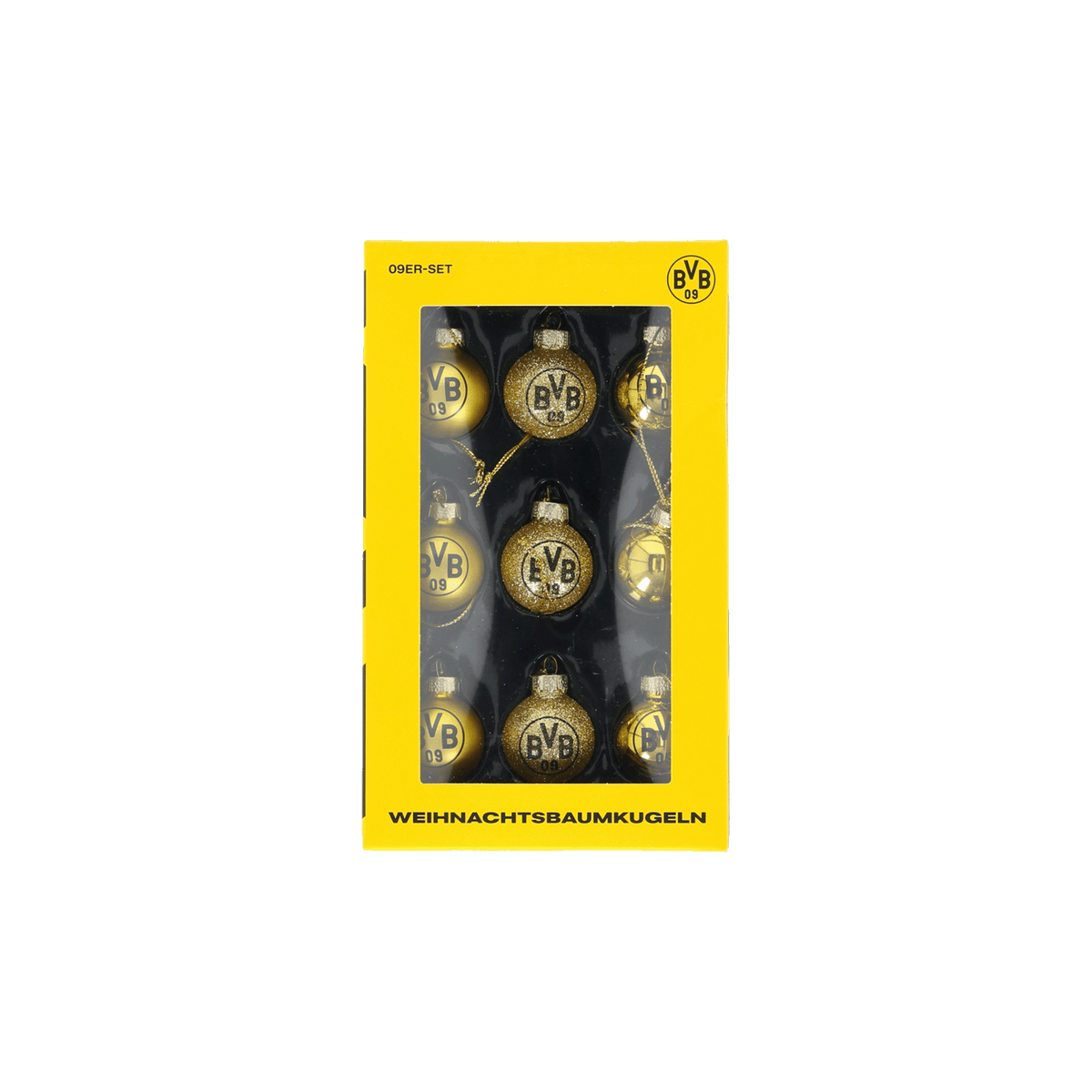 Set aus neun schwarzgelben BVB-Christbaumkugeln mit BVB-Logo, ideal als Weihnachtsdekoration oder Geschenk für Borussia Dortmund Fans.