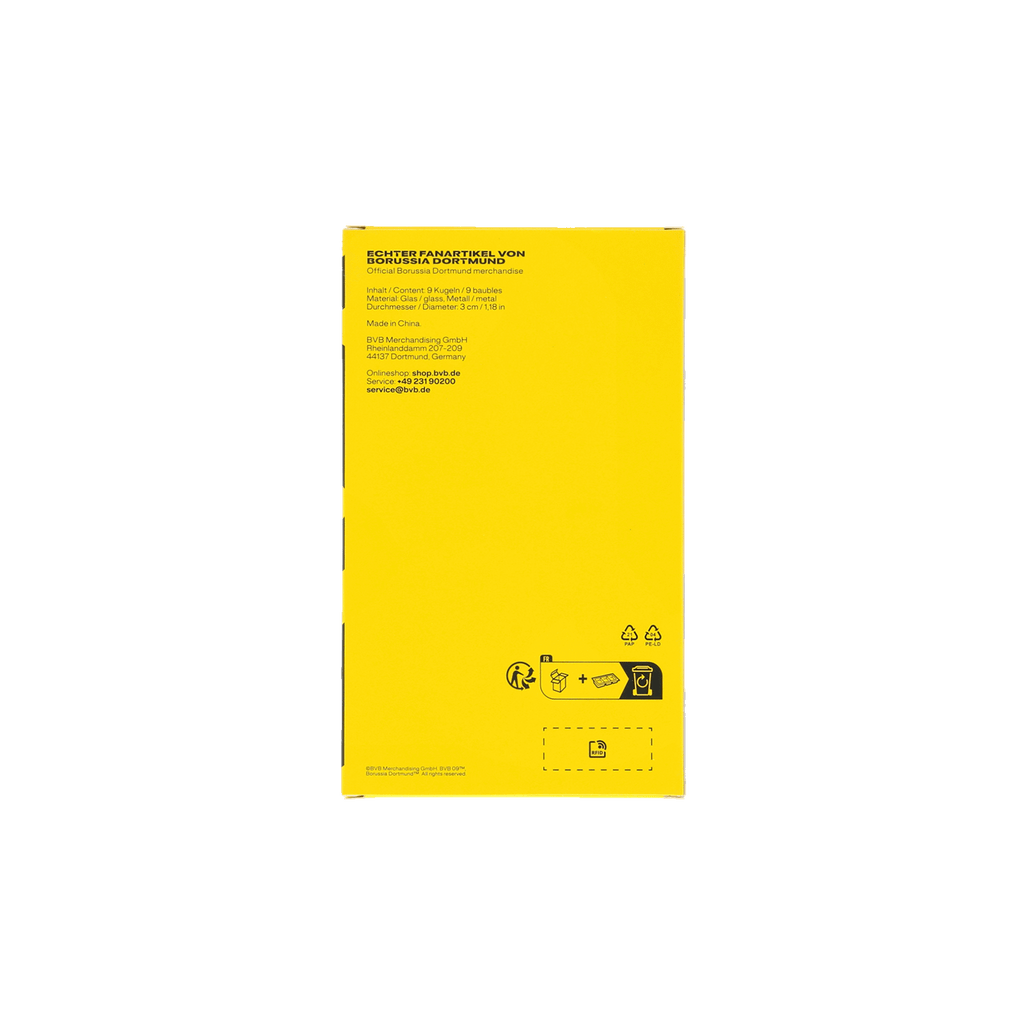 Set aus 9 BVB Mini-Christbaumkugeln in typisch schwarzgelbem Design, ideal für Weihnachtsdekorationen und Fans von Borussia Dortmund.