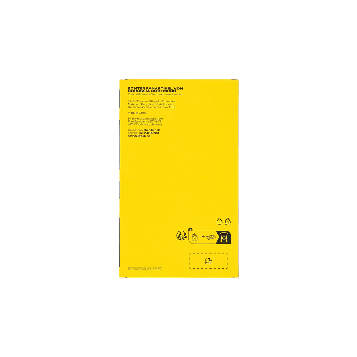 Set aus 9 BVB Mini-Christbaumkugeln in typisch schwarzgelbem Design, ideal für Weihnachtsdekorationen und Fans von Borussia Dortmund.