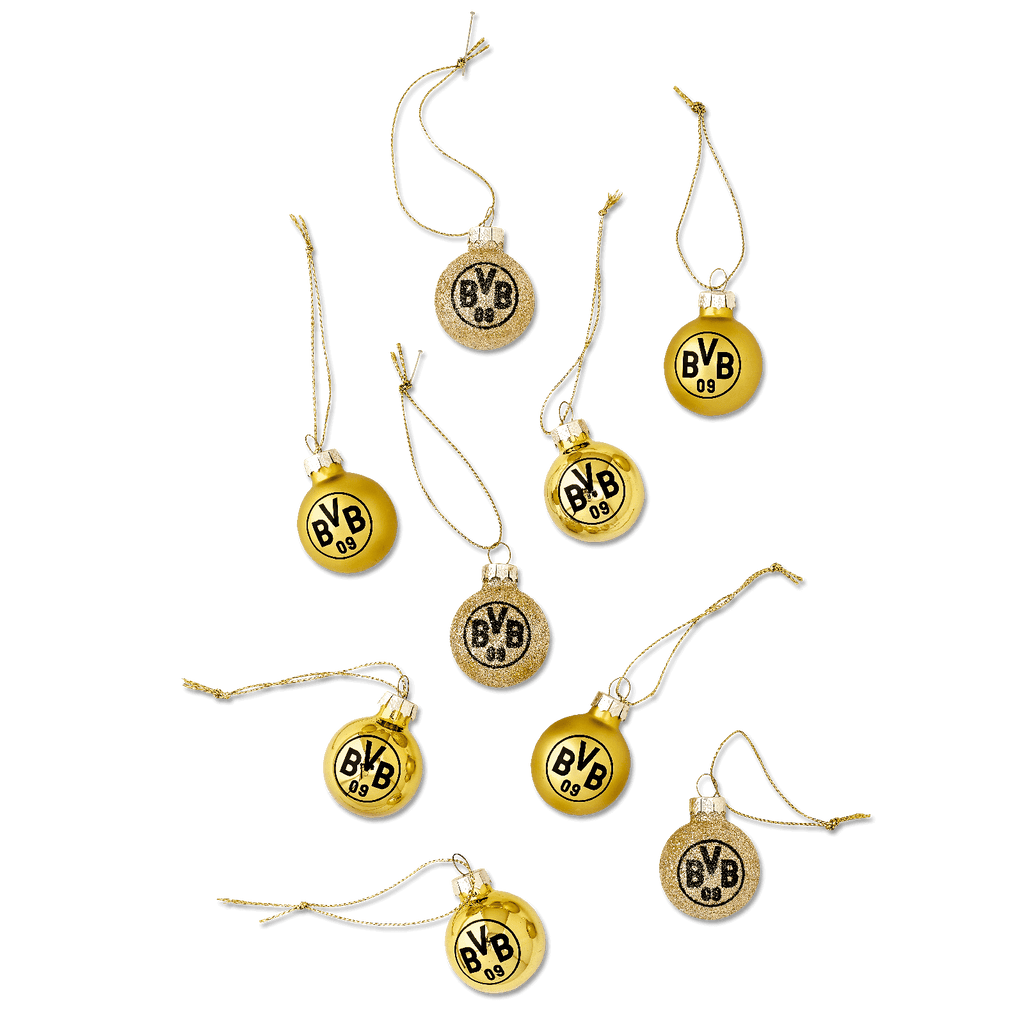 Ein Set aus 9 schwarzgelben Mini-Weihnachtskugeln mit dem BVB 09-Logo, perfekt für die Weihnachtsdekoration von Borussia Dortmund Fans.