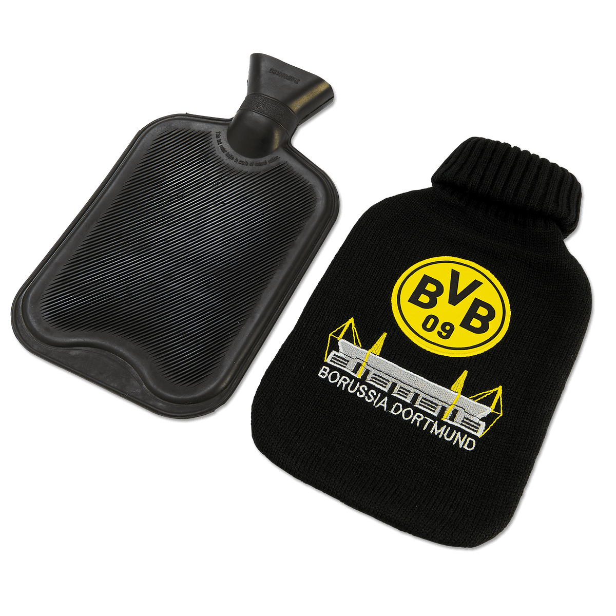 Borsa dell’acqua calda nera con la scritta “Borussia Dortmund” e lo stemma giallo del BVB, ideale per gli appassionati di calcio e per le giornate fredde.