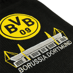 Borsa dell'acqua calda nera del BVB con il logo giallo BVB 09 e il motivo del Signal Iduna Park ricamato sopra.