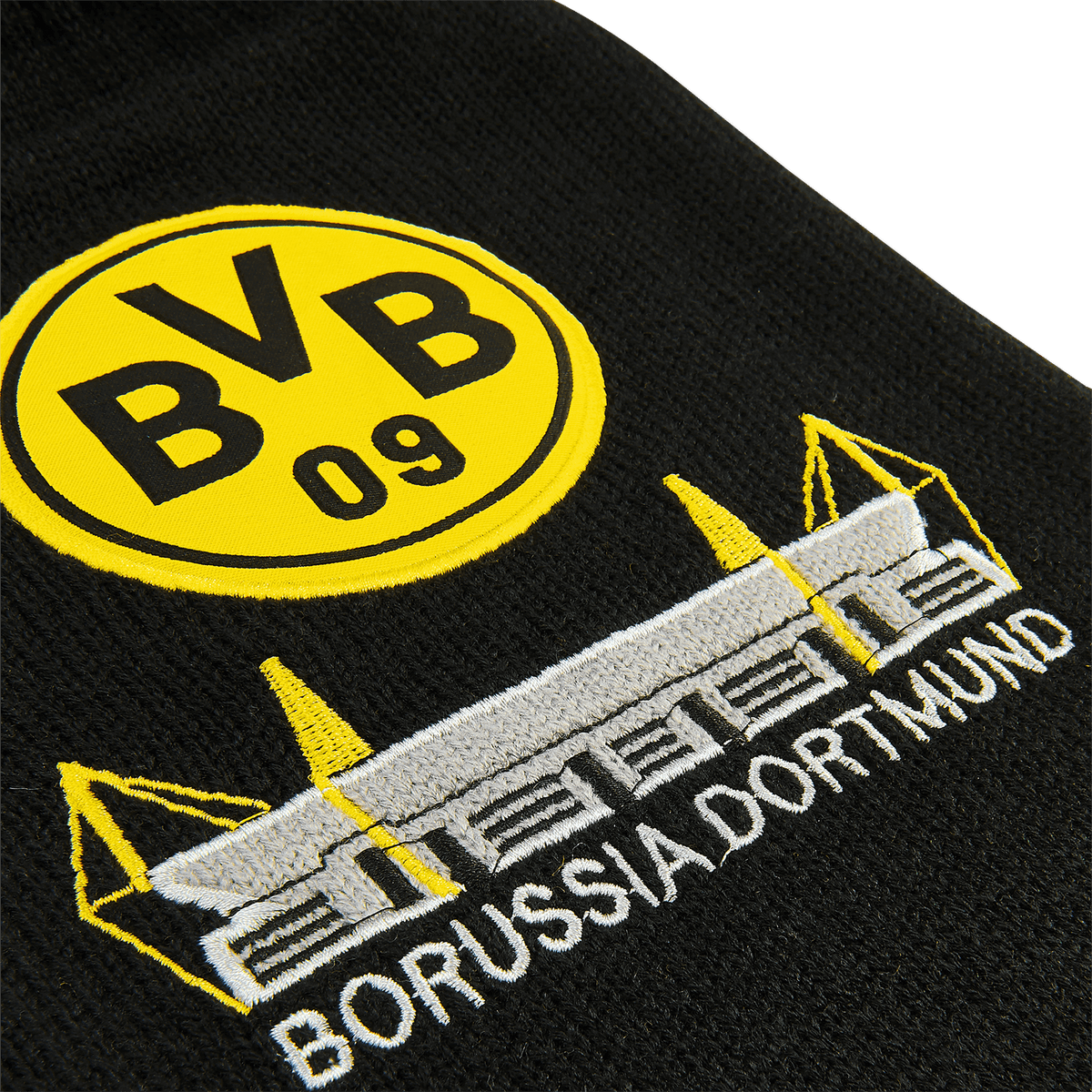 Borsa dell'acqua calda nera del BVB con il logo giallo BVB 09 e il motivo del Signal Iduna Park ricamato sopra.