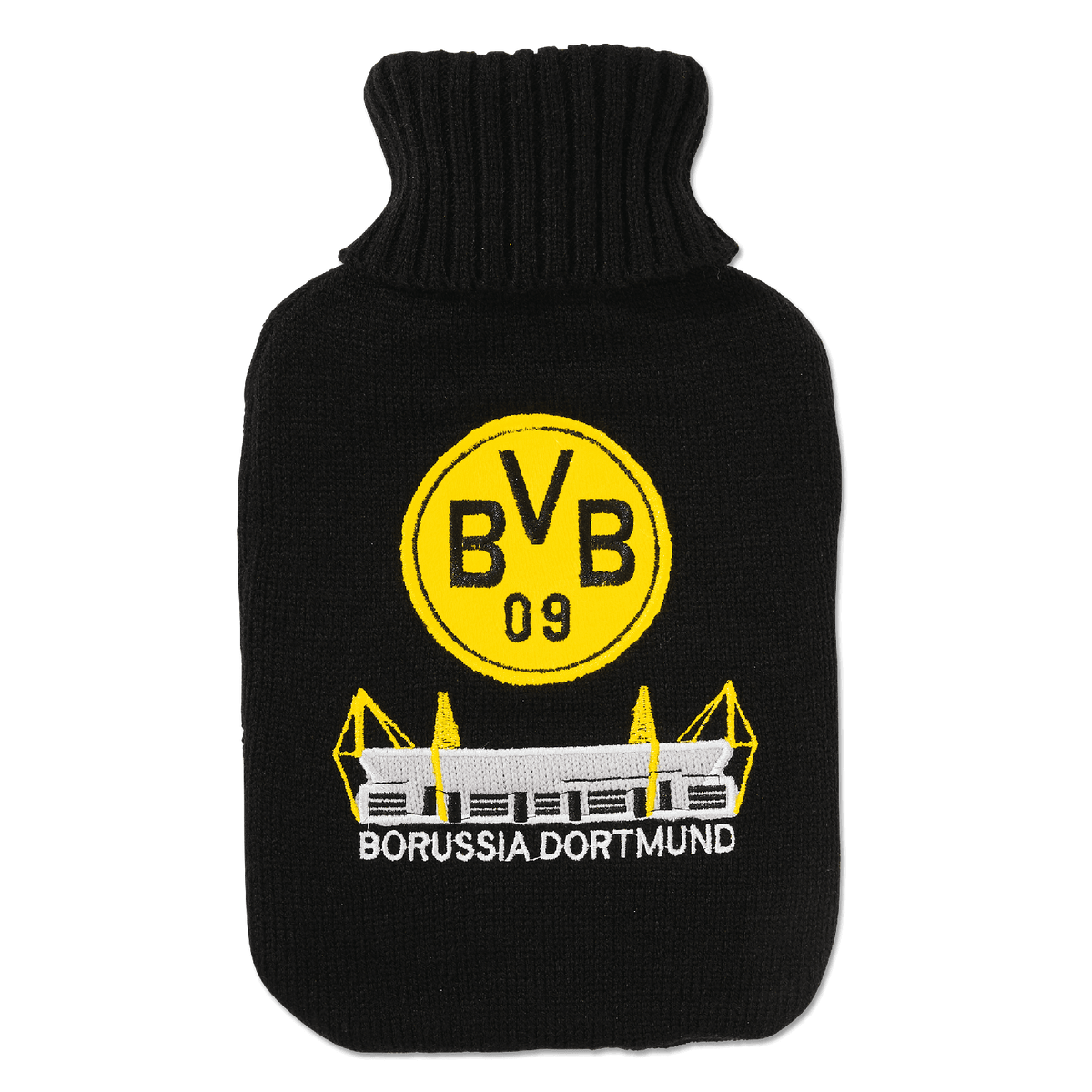 这款多特蒙德（BVB）黑黄配色热水袋配有针织套，印有黄色俱乐部徽标和SIGNAL IDUNA PARK图案，是多特蒙德球迷的完美之选。