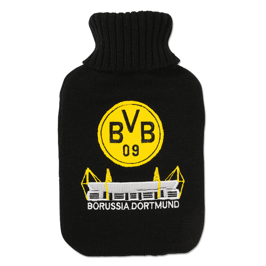 黒と黄色のBVB湯たんぽ。ニットカバー付きで、黄色のクラブロゴとSIGNAL IDUNA PARKのモチーフがあしらわれています。ボルシア・ドルトムントのファンにぴったりです。