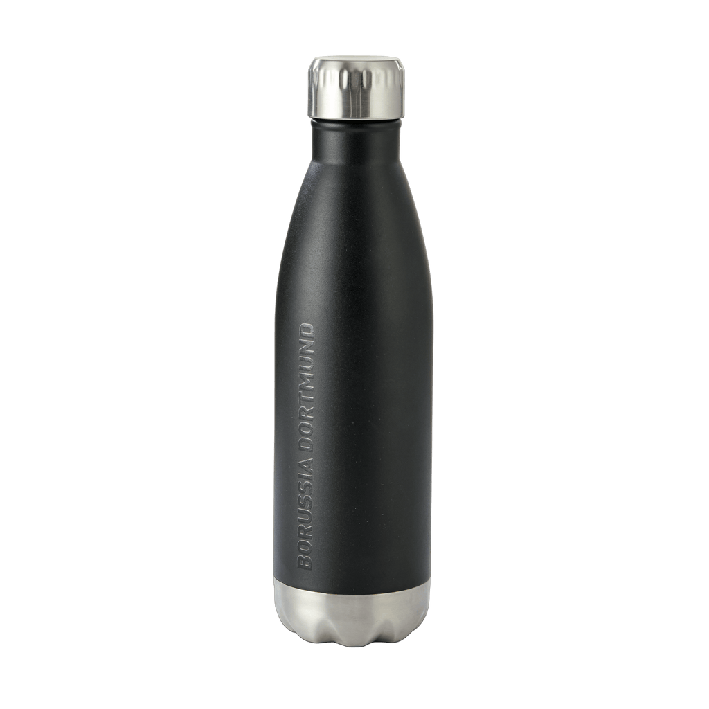 Bouteille isotherme noire en acier inoxydable d'une contenance de 0,5 litre, avec l'inscription « Borussia Dortmund » gravée à la verticale.