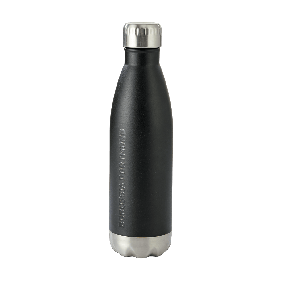 Schwarze Isolierflasche aus Edelstahl mit einem Fassungsvermögen von 0,5 Litern und vertikal eingraviertem Borussia Dortmund Schriftzug.