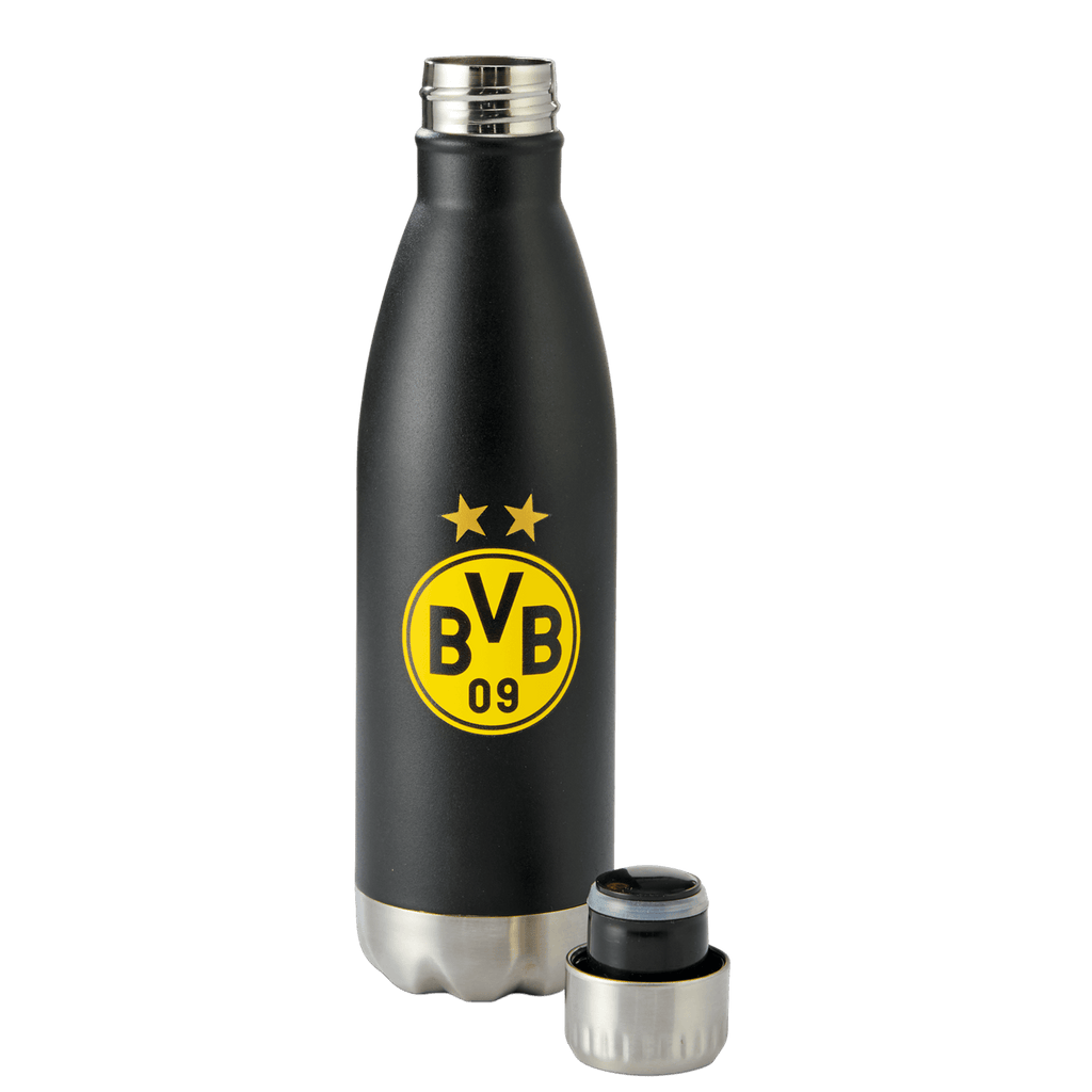Termo del BVB con una capacidad de 0,5 litros, con diseño en negro y amarillo, el logotipo del club y la base plateada; la elección perfecta para los aficionados.