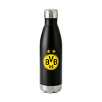 Gourde isotherme noire de 0,5 litre du Borussia Dortmund, avec le logo jaune du BVB et deux étoiles, bouchon argenté.