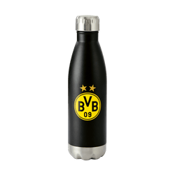 Gourde isotherme noire de 0,5 litre du Borussia Dortmund, avec le logo jaune du BVB et deux étoiles, bouchon argenté.