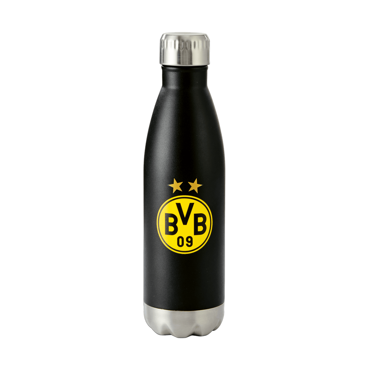 Schwarze 0.5-Liter-Isolierflasche von Borussia Dortmund mit gelbem BVB-Logo und zwei Sternen, Silberkappe.