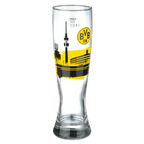 Vaso de cerveza del BVB de alta calidad con un llamativo diseño del estadio en negro y amarillo y el logotipo del BVB, perfecto para los aficionados del Borussia Dortmund.