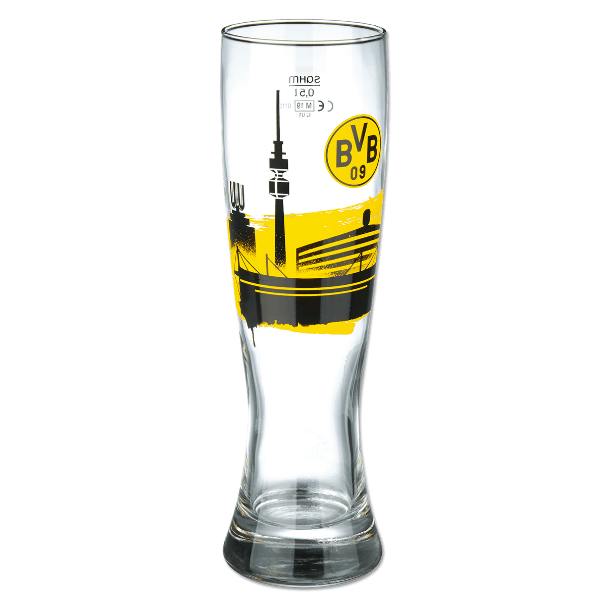 Vaso de cerveza del BVB de alta calidad con un llamativo diseño del estadio en negro y amarillo y el logotipo del BVB, perfecto para los aficionados del Borussia Dortmund.