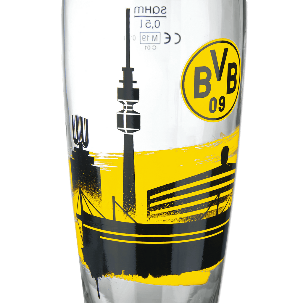 Elegante vaso de cerveza del BVB con una capacidad de 0,5 l, diseño en negro y amarillo, logotipo del BVB 09 y motivo estilizado del SIGNAL IDUNA PARK.