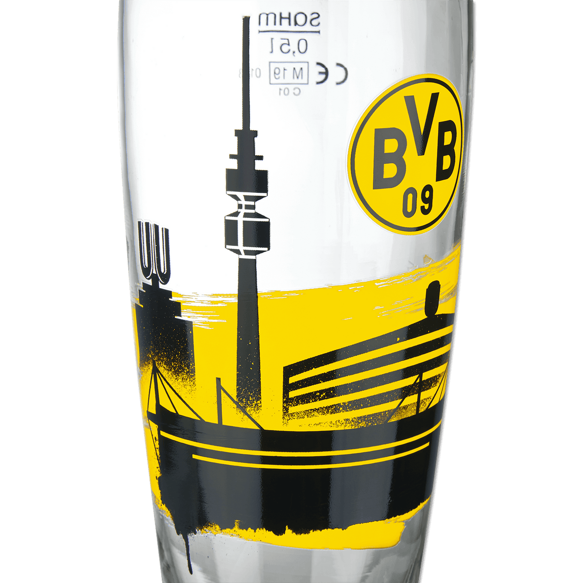 Elegante vaso de cerveza del BVB con una capacidad de 0,5 l, diseño en negro y amarillo, logotipo del BVB 09 y motivo estilizado del SIGNAL IDUNA PARK.