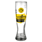 Vaso de cerveza esbelto de cristal transparente con el logotipo del BVB bien visible y un diseño del estadio en negro y amarillo, ideal para los aficionados del Borussia Dortmund.