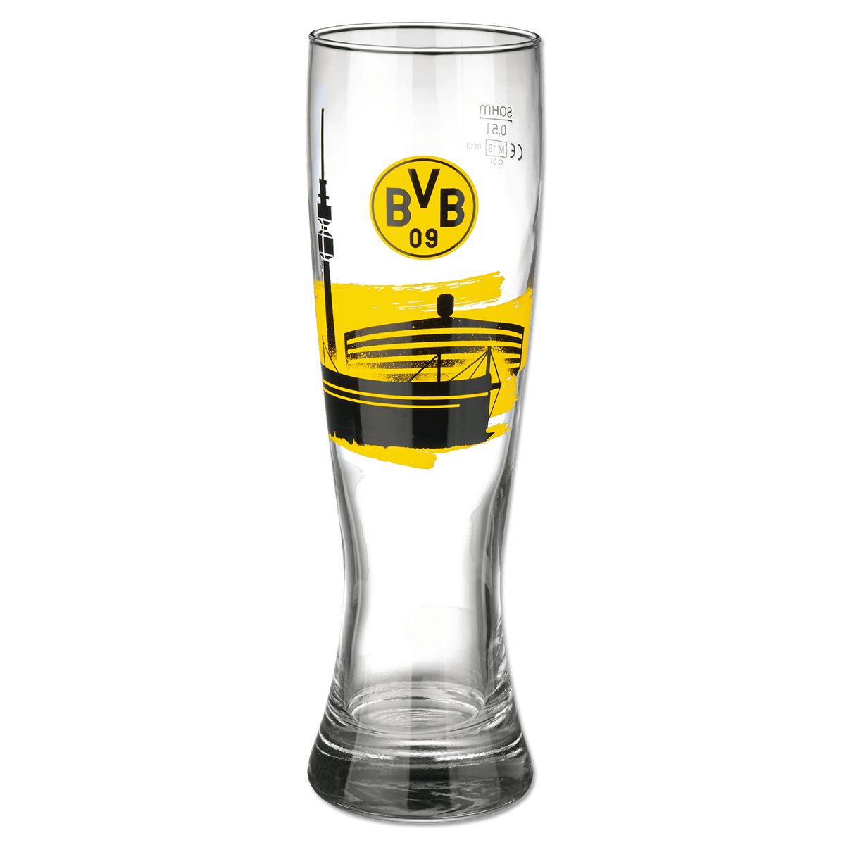 这款采用透明玻璃制成的修长啤酒杯，印有醒目的多特蒙德（BVB）队徽和黑黄相间的体育场图案，是多特蒙德球迷的理想之选。