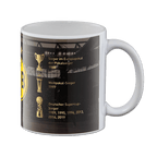 Tazza commemorativa del Borussia Dortmund, bianca con logo nero e giallo, trofei, le date delle vittorie e un motivo raffigurante lo stadio.