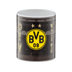 Schwarzgelbe BVB-Erfolgstasse mit BVB-Logo und Pokalmotiven, perfekt für jeden Borussia Dortmund Fan.