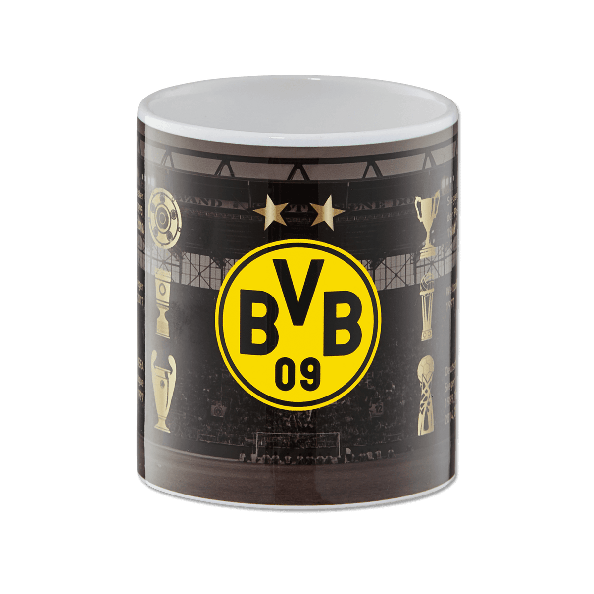 Schwarzgelbe BVB-Erfolgstasse mit BVB-Logo und Pokalmotiven, perfekt für jeden Borussia Dortmund Fan.