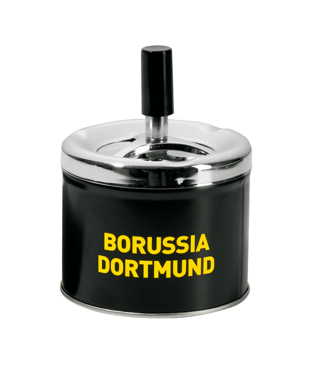 Cendrier rond du BVB, noir, avec couvercle, inscription « Borussia Dortmund » en jaune et finition élégante. Un accessoire pratique, idéal pour les supporters.