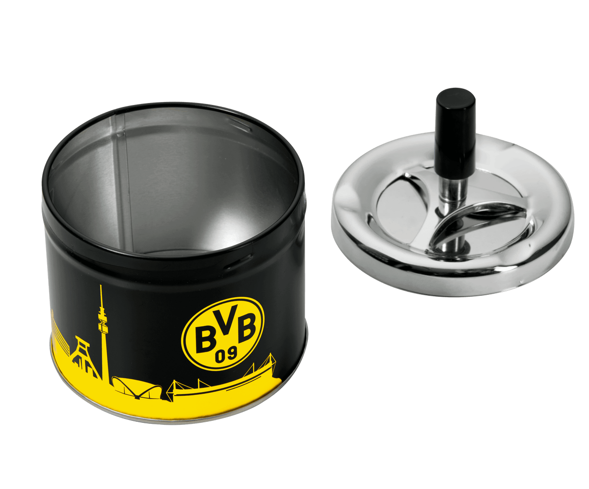 Cendrier noir et jaune du BVB avec couvercle et motif représentant la ligne d'horizon de Borussia Dortmund, idéal pour les supporters.