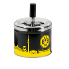 Cendrier BVB avec couvercle, aux couleurs noir et jaune, orné de la silhouette de Dortmund et du logo du BVB. L'accessoire idéal pour les supporters du Borussia Dortmund.