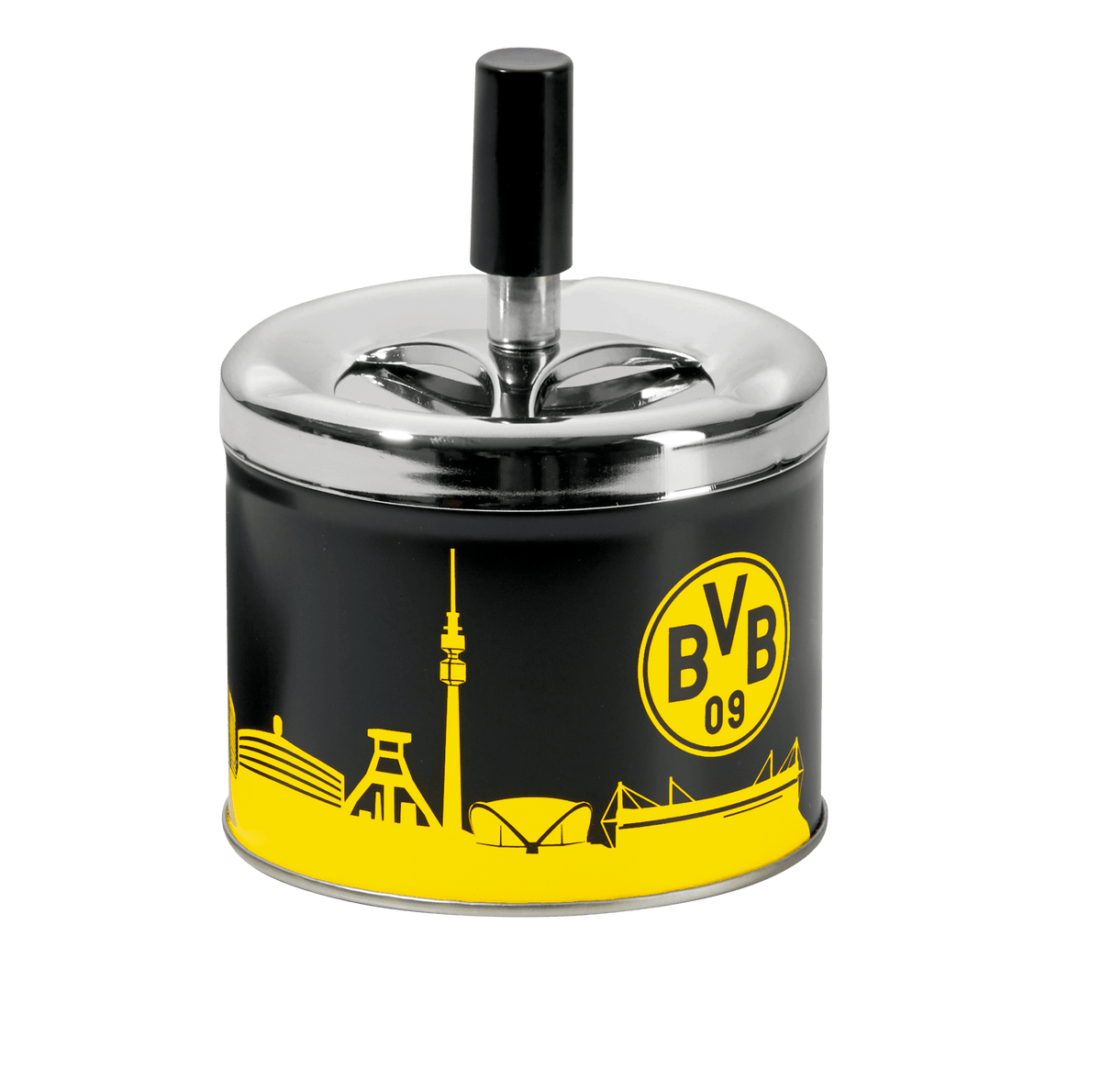 Cendrier BVB avec couvercle, aux couleurs noir et jaune, orné de la silhouette de Dortmund et du logo du BVB. L'accessoire idéal pour les supporters du Borussia Dortmund.