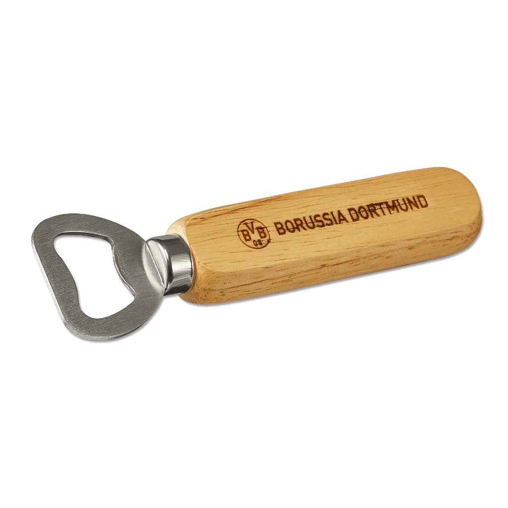 Stylish BVB bottle opener with a wooden handle and an engraved Borussia Dortmund logo—perfect for any fan.