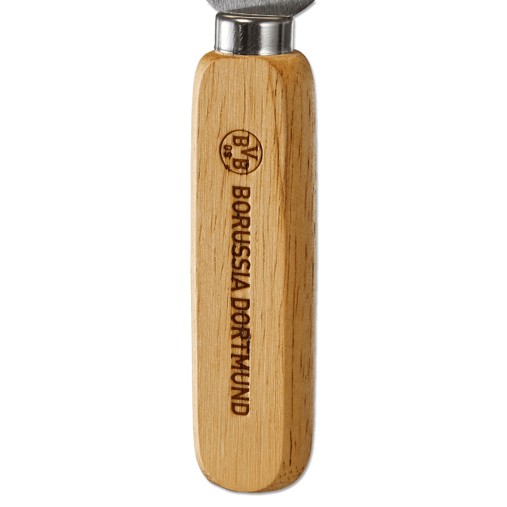 Bottle opener with a high-quality wooden handle and an engraved Borussia Dortmund logo—perfect for fans.