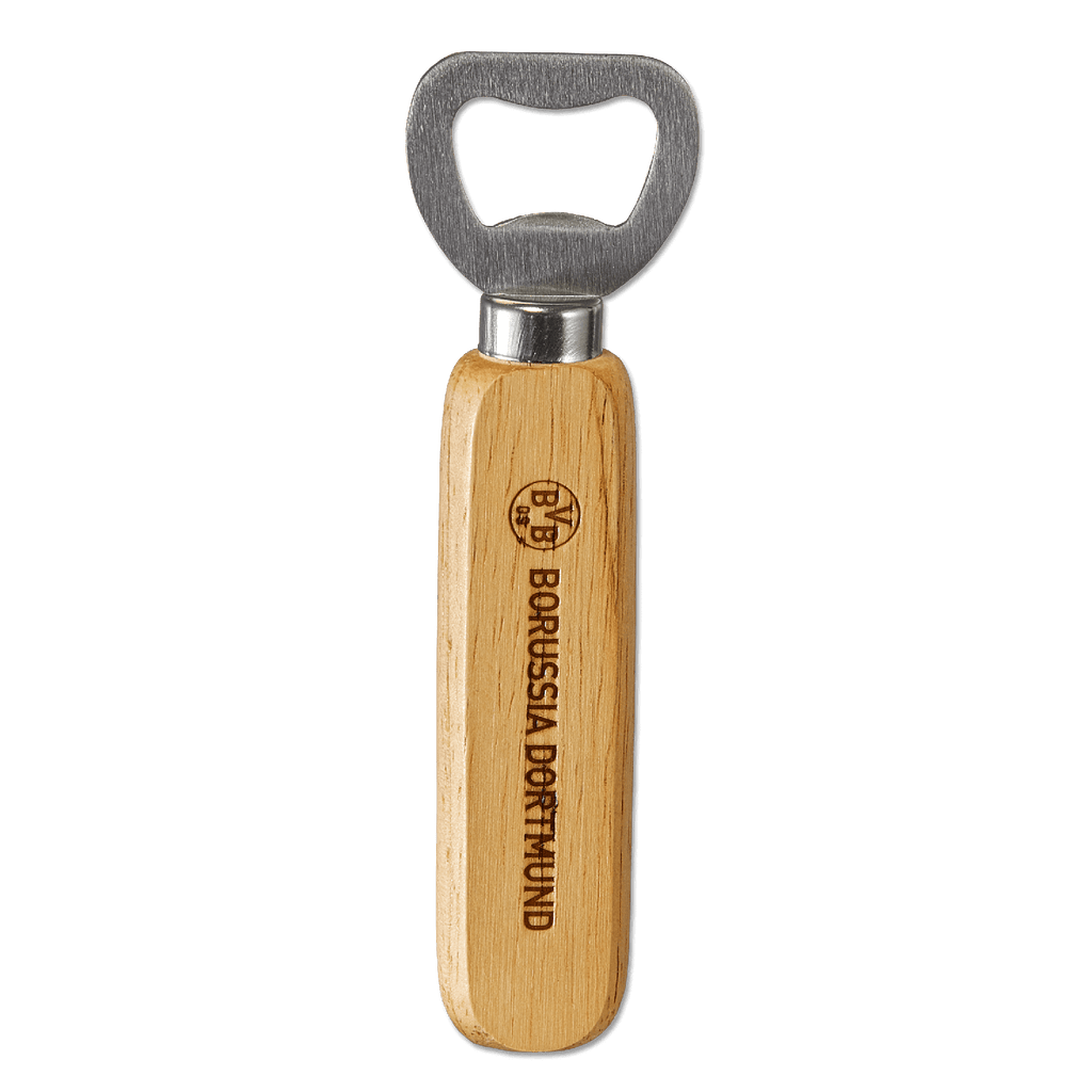 High-quality BVB bottle opener with a wooden handle and an engraved Borussia Dortmund logo—perfect as a fan item or gift.