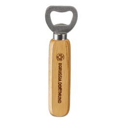 Hochwertiger BVB-Flaschenöffner mit einem Griff aus Holz und eingraviertem Borussia Dortmund-Logo, ideal als Fanartikel oder Geschenk.